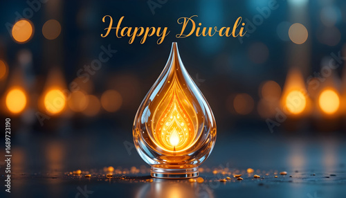 Happy Diwali 2026 Crystal Flame Greeting Card Design Glass Diya with Glowing Light and Golden Particles on Dark Background