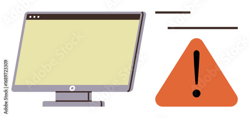 Monitor screen paired with orange warning triangle with exclamation mark indicating alert. Ideal for technology, system error, cybersecurity, computer troubleshooting, online safety, user interface