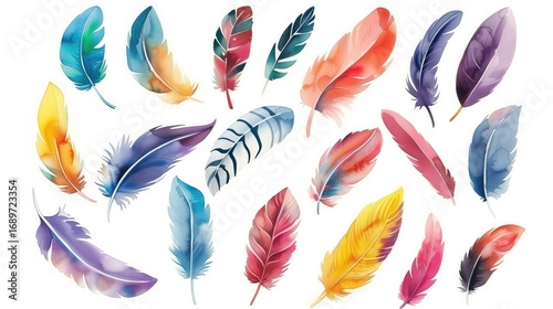 A vibrant watercolor collection of various colorful feathers is displayed on a white background.
Concept of: Delicate beauty.