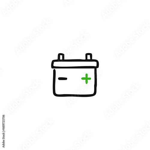 Simple black outline illustration of a battery with plus and minus signs