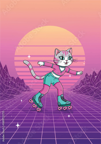 A funky retro cat, wearing a vibrant neon outfit and roller skates, glides gracefully under a mesmerizing neon sunset in a striking pastel synthwave vector illustration.