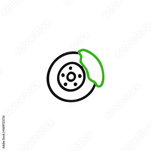 Black outline of a car brake disc with a green brake pad