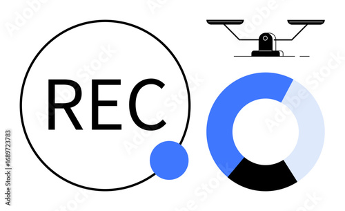 Circular recording button with REC text, a balance scale, and a data pie chart. Ideal for analysis, recording, decision-making, balance, measurement, evaluation minimal flat metaphor