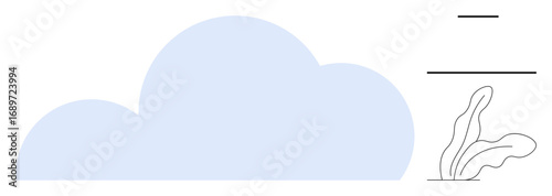 Abstract cloud shape in soft blue paired with minimal geometric lines and a natural leaf accent on the side. Ideal for modern design, nature, technology, simplicity, balance, creativity, calm. Simple