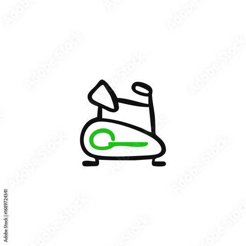 Hand-drawn black outline of a stationary exercise bike with a green pedal area