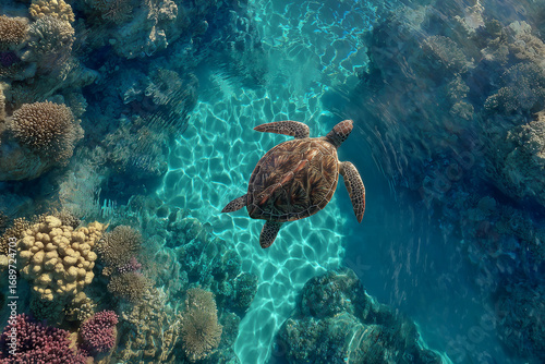 Sea turtle swimming over coral reef underwater  Beautiful underwater scene with sea turtle gliding gracefully above coral reef in clear tropical ocean water. Marine life photography showing biodiversi