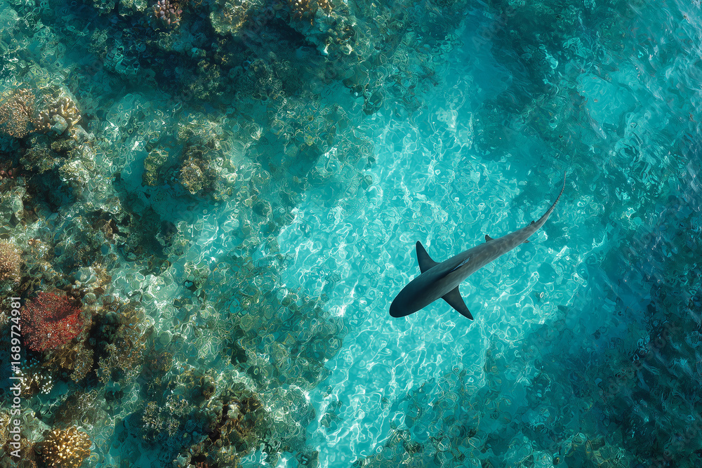 Fototapeta premium hark swimming over coral reef underwater Dramatic underwater scene with shark swimming above coral reef in clear tropical ocean water. Stunning marine wildlife photography showing biodiversity, reef h