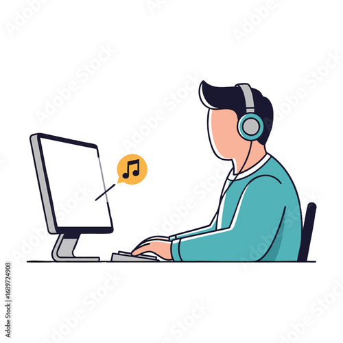 Man wearing headphones working on computer listening to music.