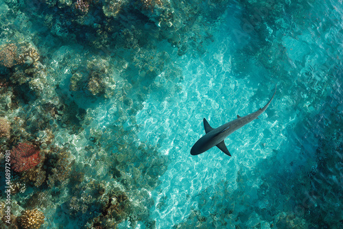 hark swimming over coral reef underwater Dramatic underwater scene with shark swimming above coral reef in clear tropical ocean water. Stunning marine wildlife photography showing biodiversity, reef h