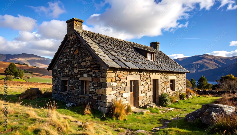 Obraz premium Rustic stone cottage nestled in a sunny meadow, with mountains in the background