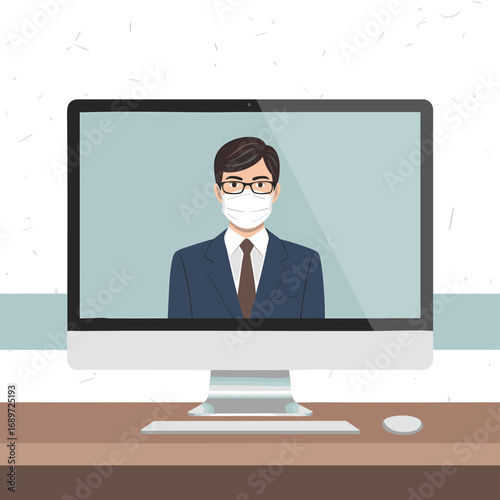 Professional man in face mask on computer screen during video call.