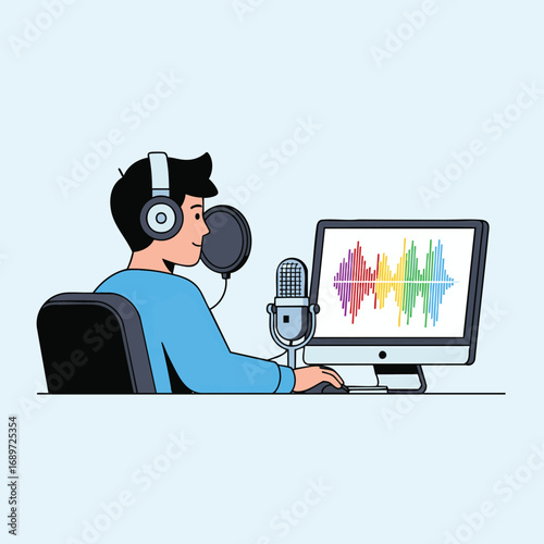 Young man recording podcast with microphone and computer.