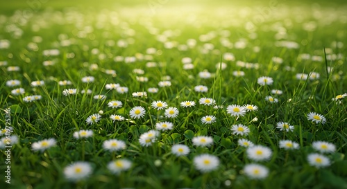 Sunny Field of Daisies and Green Grass