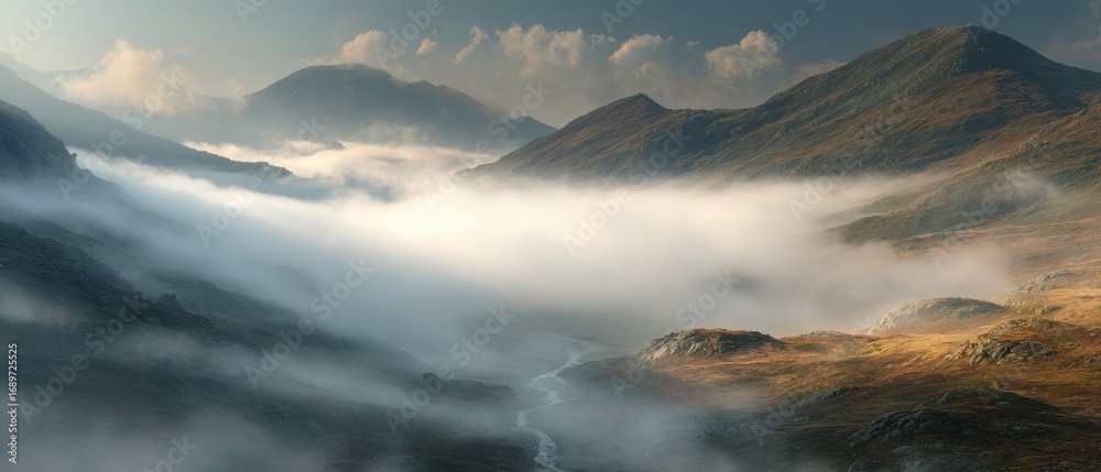 Fototapeta premium Majestic Mountain Valley A Serene Landscape Enveloped in Mist and Sunlight