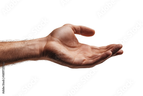A person's outstretched hand, palm up, against a black background.  The hand is light-brown, showing some texture and creases. The arm is visible