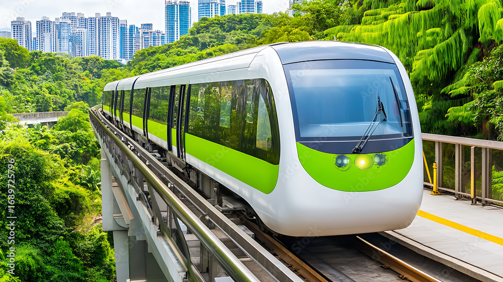 Naklejka premium Modern Monorail Train Traveling Through a Lush Green Landscape with Urban Skyline in the Background