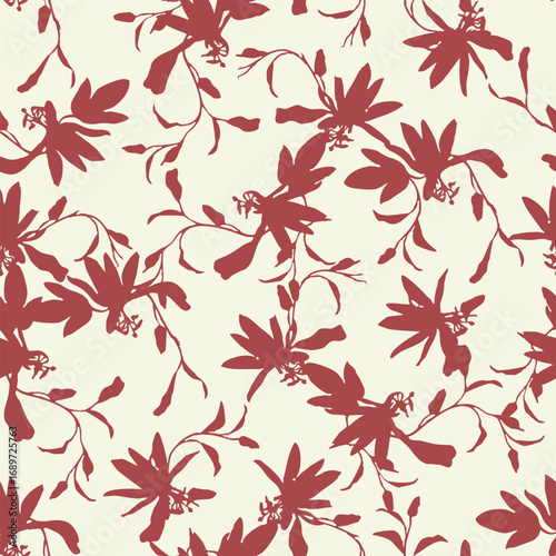 Vector seamless pattern with silhouettes of exotic flower branches. Fashionable wallpaper with exotic red flowers isolated on a cream background. Perfect for textiles, ceramics, decor, etc.