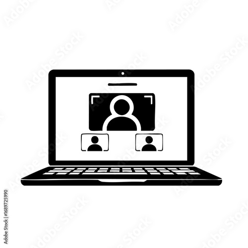 Modern laptop screen displays collaborative video conference with multiple participants connecting remotely
