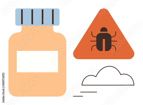 Medicine bottle near warning triangle with bug, cloud indicating vapor or dispersion. Ideal for pest control, medication safety, allergy treatment, health awareness, toxic substances, disease