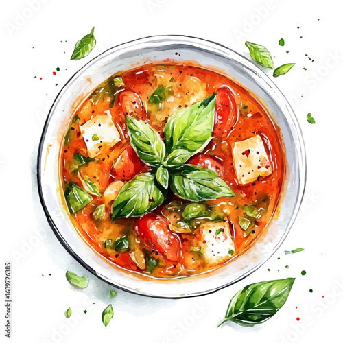 Minestrone, watercolor drawing vector, isolated on a white background.