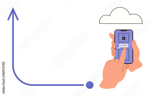 Wallpaper Mural Hands using smartphone to unlock, cloud icon above, arrow indicating growth or progress. Ideal for security, technology, cloud storage, growth, mobile apps connectivity innovation. Simple flat Torontodigital.ca