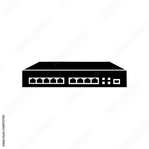 Sleek black network switch icon with multiple ethernet ports and indicator lights