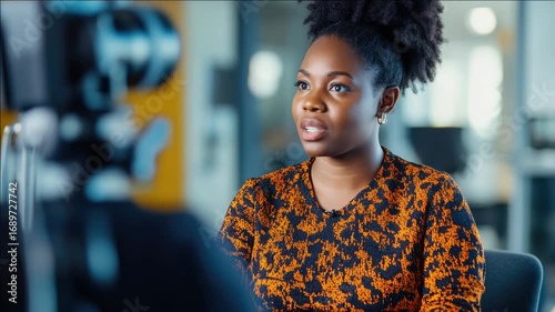 This features a professional black woman in an office setting, being interviewed. She is dressed in business attire and appears to be engaging in a discussion related to her work or career.