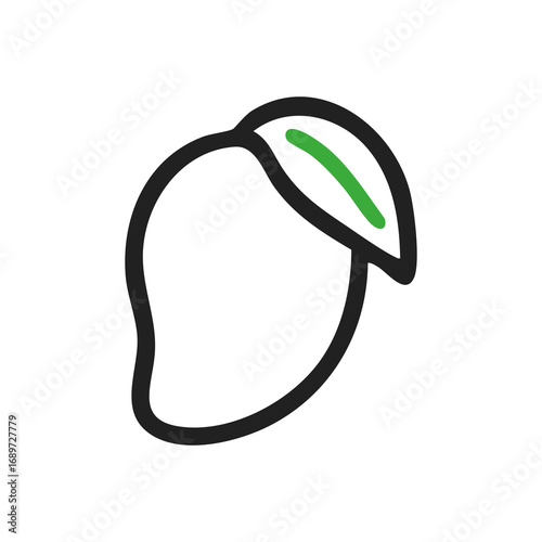 Simple black outline drawing of a mango with a green leaf