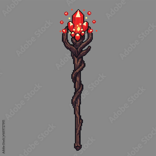 Pixel Art Fantasy Staff with Glowing Red Crystal Gemstone.