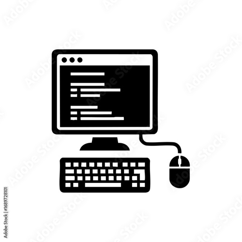 Professional coder works on computer screen displaying code and programming symbols