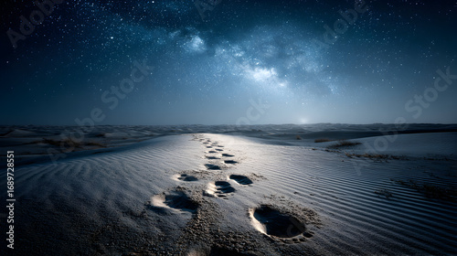 Footprints in sand leading towards a bright horizon under a night sky.