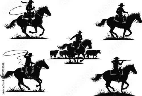 Cowboy silhouette riding horse, lasso action, cattle herding, western ranch life, gunslinger aim, wild west culture, rodeo performance, frontier adventure