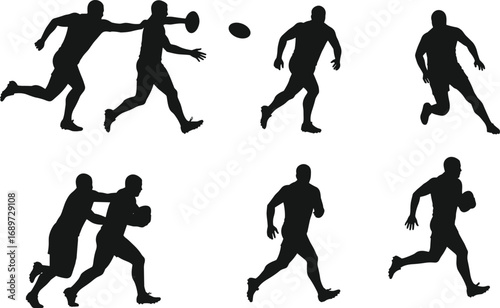 Rugby player silhouettes in action, running, passing, tackling, dynamic sports poses, competitive match moments, athletic teamwork, ball handling, game strategy, motion