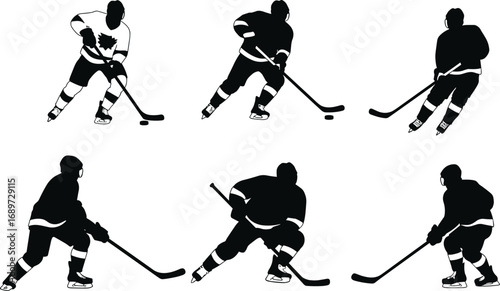 Black and white ice hockey player silhouettes in action poses, sports athletes with sticks, skating, competition, Canadian maple leaf jersey design
