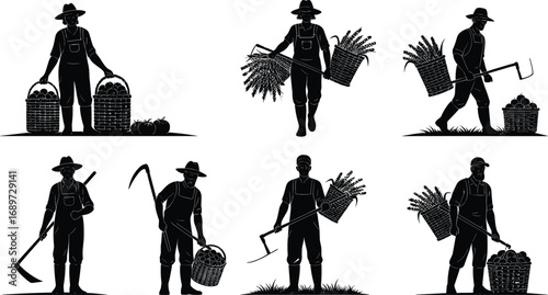 Farmer silhouette, agriculture worker, harvesting crops, carrying baskets, traditional farming tools, rural lifestyle, black vector illustration, hoe, sickle, produce, field work