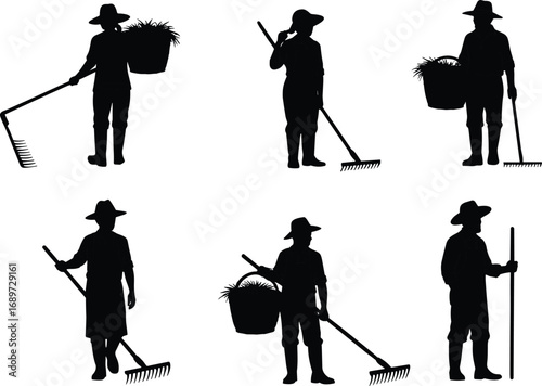 Silhouette farmers with tools and baskets, agricultural workers harvesting crops, rural farming labor, traditional agriculture, countryside field work, harvest season