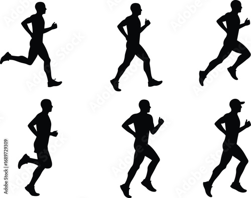 Silhouette running poses, athletic jogging motion, sports training sequence, fitness exercise illustration, marathon runner stages, human movement reference