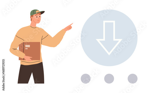 Man in casual attire holding a box while pointing to a downward arrow symbol with dots, representing package delivery and digital download. Ideal for logistics, e-commerce, file sharing, guidance
