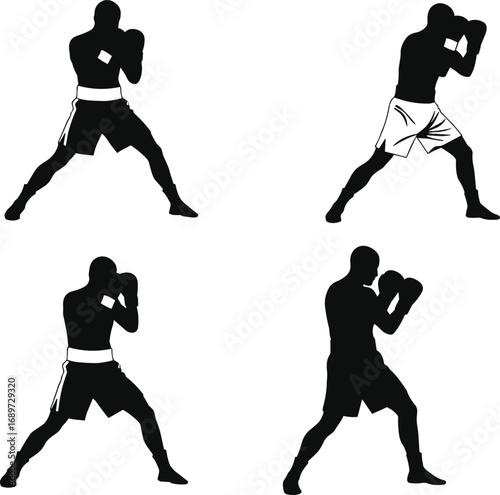Boxing silhouette fighters in various stances, martial arts training poses, combat sports action, athlete workout, competitive fight preparation, fitness exercise illustration