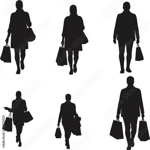 Silhouette shoppers walking with bags, retail consumer lifestyle, urban shopping scene, people carrying purchases, fashion buyers, market crowd, commerce, city retail activity