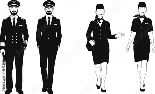 Professional airline crew, pilots and flight attendants in uniform, aviation staff team, airport terminal, travel industry, air travel service concept