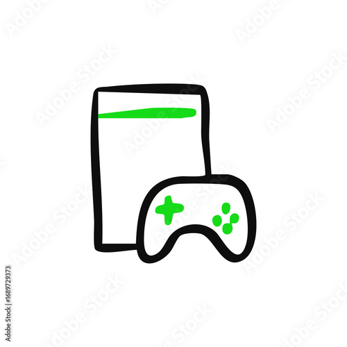 Simple black outline drawing of a video game console and controller with a green highlight