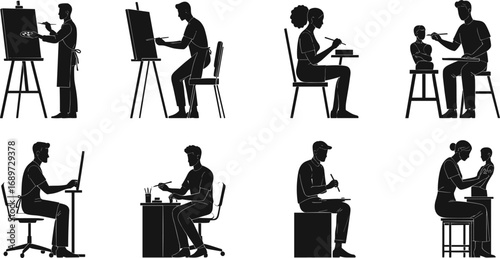 Black silhouette artists painting, sculpting, drawing, digital art creation, creative studio work, artistic activities, fine art, craftsmanship, design illustration, creativity