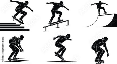 Silhouette skateboarders performing tricks, ollie, grind, half pipe, street skateboarding, extreme sports action, urban culture, dynamic poses, black white illustration