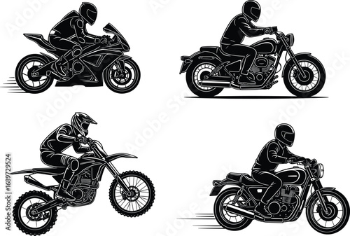 Motorcycle, sport bike, cruiser, dirt bike, retro motorcycle, rider silhouette, motorbike racing, off‑road jump, classic design, transportation, adventure, speed, style,
