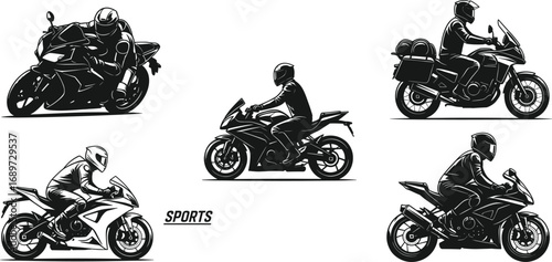 Black and white motorcycle illustrations, sport bikes, touring bikes, riders in helmets, racing posture, high speed, safety gear, performance design