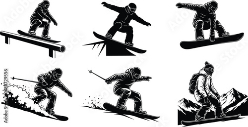 Black and white winter sports illustration, snowboard tricks, skiing action, mountain adventure, freestyle jumps, rail slides, powder carving, extreme snowboarding,