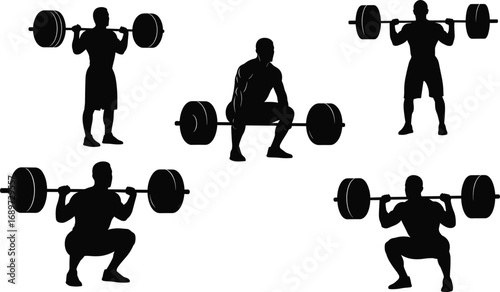 Barbell squat exercise silhouettes, fitness training poses, gym workout positions, strength training illustration, bodybuilding posture guide, weightlifting form sequence,