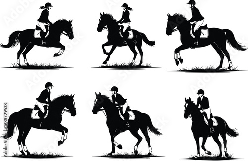 Silhouette horse riding poses, equestrian sport action, horseback rider jump, dressage training, show jumping, prancing horse, equine competition illustration