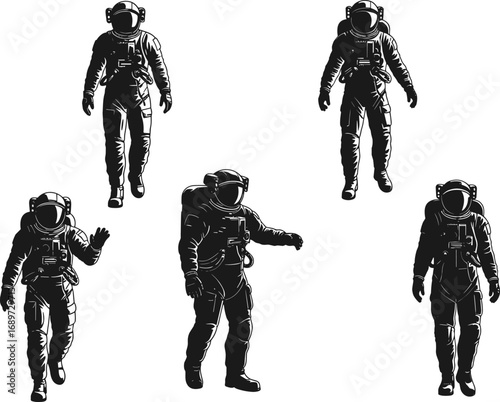 Astronaut illustration set, space suit drawing, cosmic exploration art, astronaut poses, space travel design, astronaut clipart, outer space vector graphic